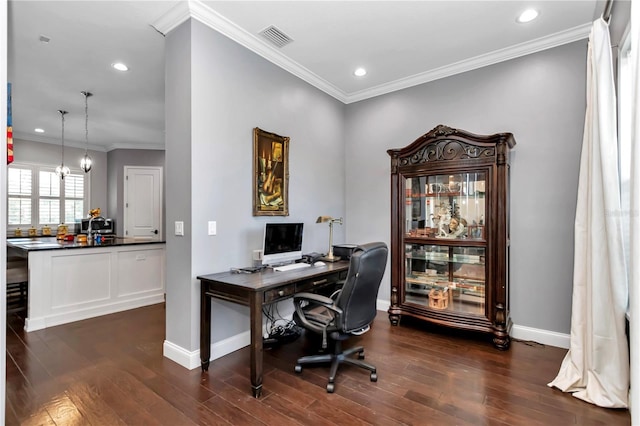 home office featuring visible vents, baseboards, ornamental molding, recessed lighting, and dark wood-type flooring