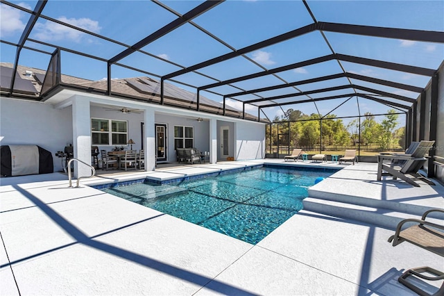 outdoor pool with a lanai, a grill, a patio, outdoor dining space, and a ceiling fan
