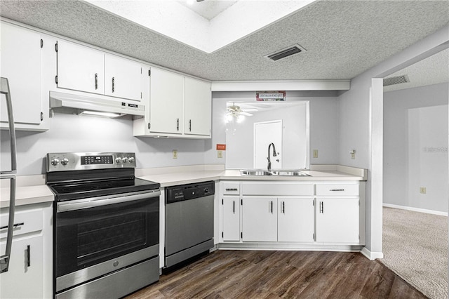 kitchen with a sink, ceiling fan, appliances with stainless steel finishes, under cabinet range hood, and visible vents