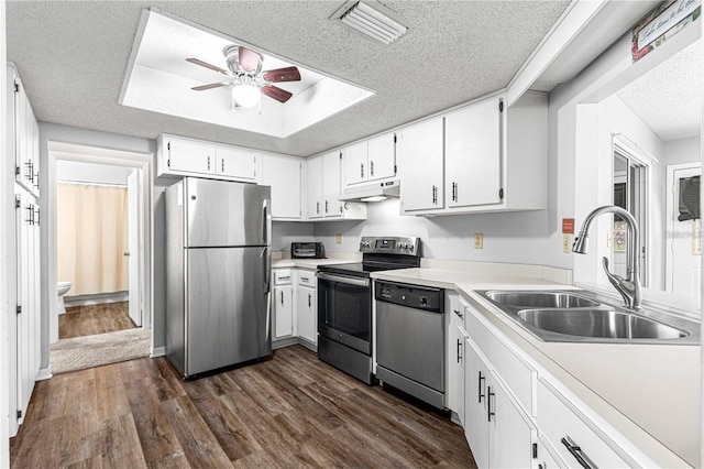 kitchen featuring stainless steel appliances, a sink, a textured ceiling, a ceiling fan, and under cabinet range hood