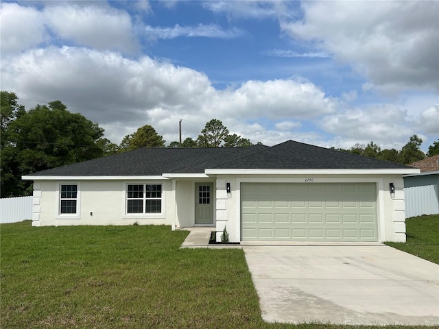single story home with stucco siding, driveway, a front yard, and a garage