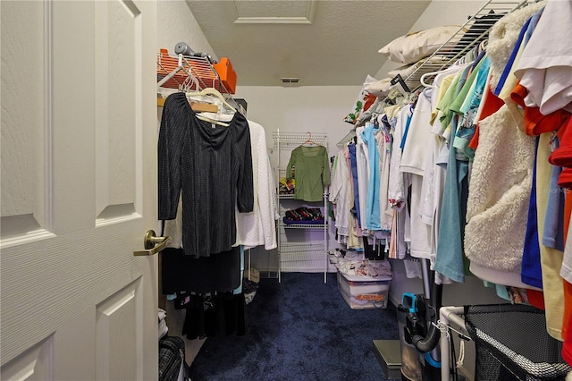 walk in closet with attic access and carpet flooring