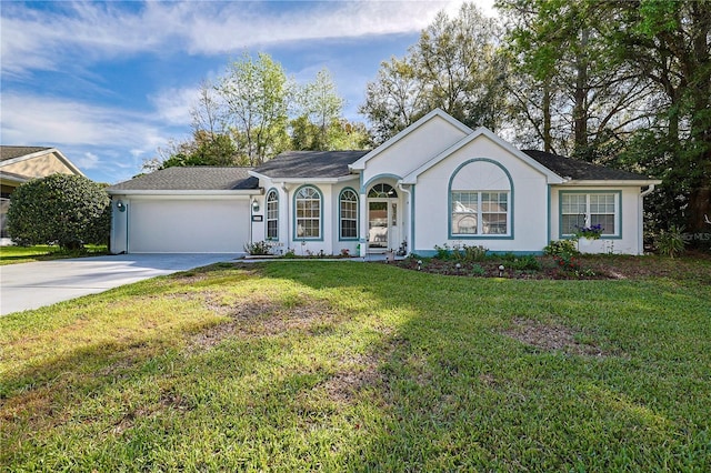 ranch-style house with stucco siding, driveway, a front lawn, and a garage