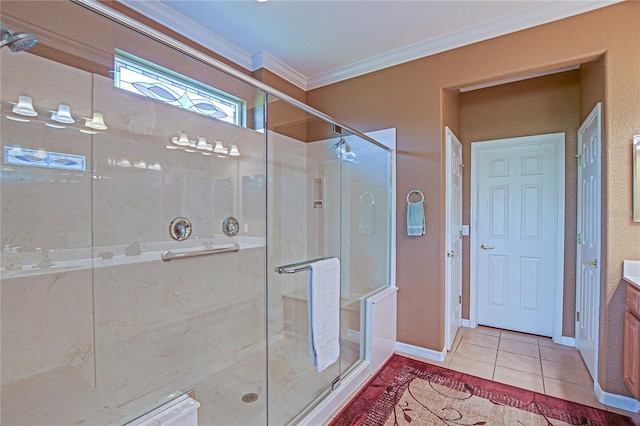 13968 SE 96th Cir, Summerfield, FL 34491 - full bath with ornamental molding, a shower stall, tile patterned flooring, vanity, and baseboards