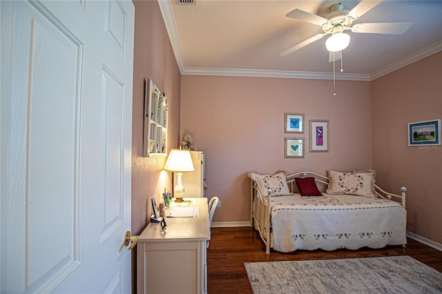 13968 SE 96th Cir, Summerfield, FL 34491 - bedroom with ornamental molding, dark wood-style floors, baseboards, and ceiling fan