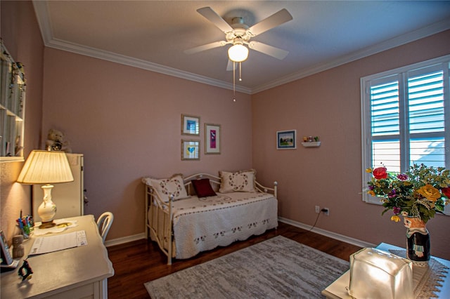 13968 SE 96th Cir, Summerfield, FL 34491 - bedroom featuring dark wood-type flooring, baseboards, ornamental molding, and a ceiling fan