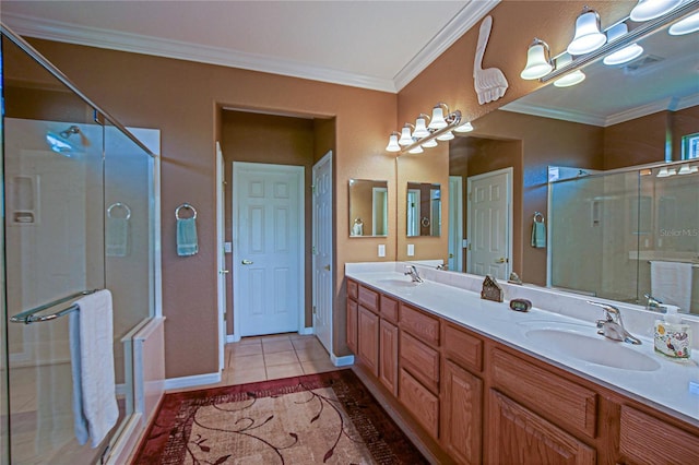 13968 SE 96th Cir, Summerfield, FL 34491 - full bathroom with a shower stall, ornamental molding, and double vanity