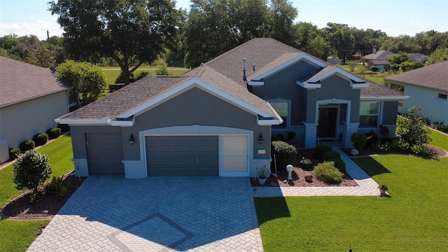 13968 SE 96th Cir, Summerfield, FL 34491 - ranch-style house featuring an attached garage, decorative driveway, a front yard, stucco siding, and a shingled roof