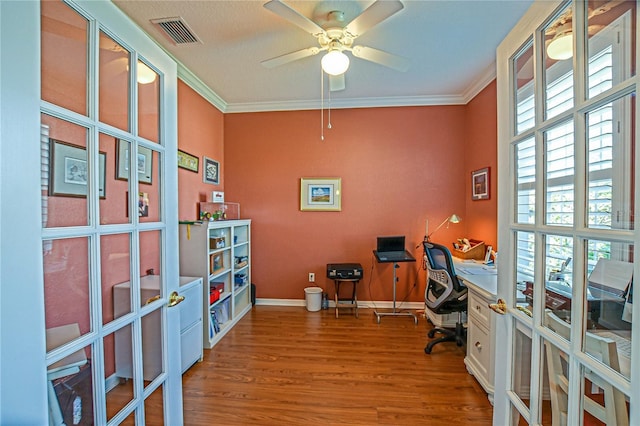 13968 SE 96th Cir, Summerfield, FL 34491 - office space featuring wood finished floors, crown molding, baseboards, a ceiling fan, and french doors