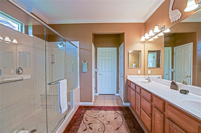 13968 SE 96th Cir, Summerfield, FL 34491 - full bathroom featuring ornamental molding, a shower stall, and double vanity