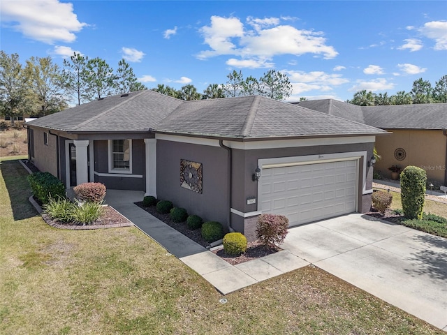 ranch-style home with stucco siding, driveway, a garage, and a shingled roof