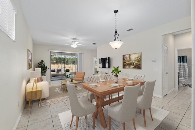 dining area with light tile patterned flooring, baseboards, visible vents, and ceiling fan