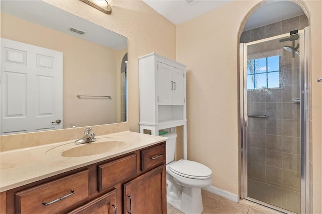 full bath with visible vents, toilet, a shower stall, and tile patterned flooring