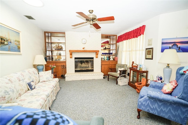 390 SW Shorewood Dr, Dunnellon, FL 34431 - carpeted living area with a brick fireplace, a ceiling fan, and visible vents