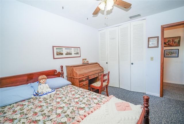 390 SW Shorewood Dr, Dunnellon, FL 34431 - bedroom featuring a closet, ceiling fan, carpet flooring, baseboards, and visible vents