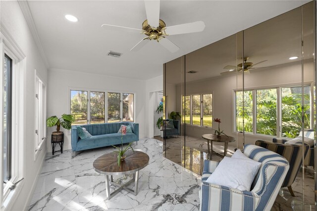 2130 SW 37th Street Rd, Ocala, FL 34471 - sunroom featuring a ceiling fan, visible vents, recessed lighting, crown molding, and marble finish floor