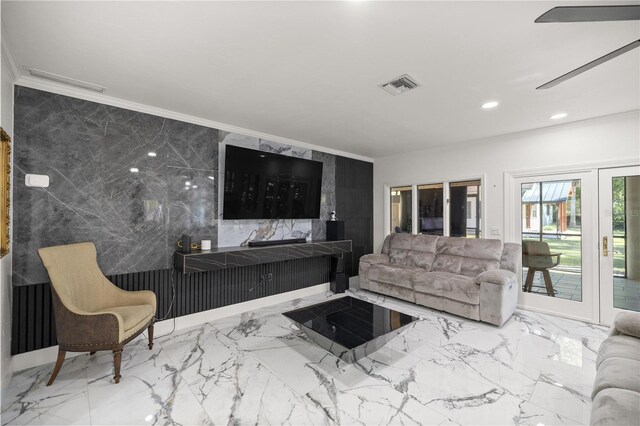 2130 SW 37th Street Rd, Ocala, FL 34471 - living area with recessed lighting, visible vents, marble finish floor, and ornamental molding