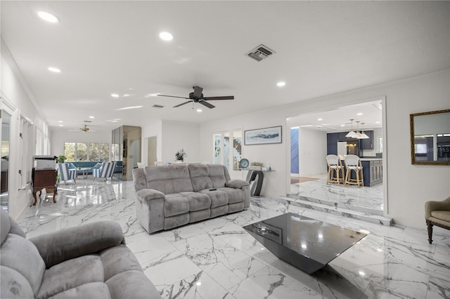 2130 SW 37th Street Rd, Ocala, FL 34471 - living room featuring recessed lighting, a ceiling fan, and marble finish floor