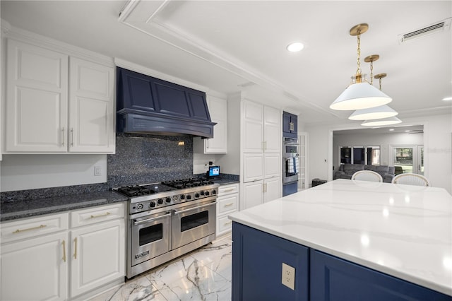 2130 SW 37th Street Rd, Ocala, FL 34471 - kitchen featuring visible vents, premium range hood, range with two ovens, white cabinets, and marble finish floor