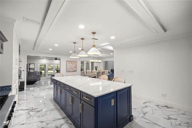 2130 SW 37th Street Rd, Ocala, FL 34471 - kitchen featuring visible vents, blue cabinetry, baseboards, recessed lighting, and marble finish floor