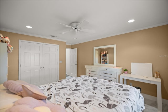 2130 SW 37th Street Rd, Ocala, FL 34471 - bedroom featuring a closet, recessed lighting, and ornamental molding