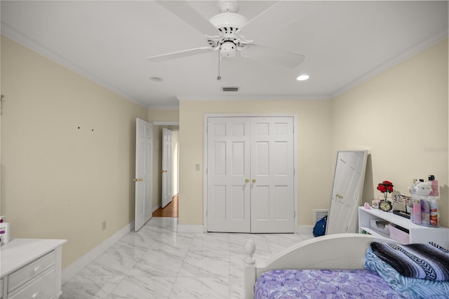 2130 SW 37th Street Rd, Ocala, FL 34471 - bedroom with visible vents, crown molding, baseboards, a closet, and marble finish floor