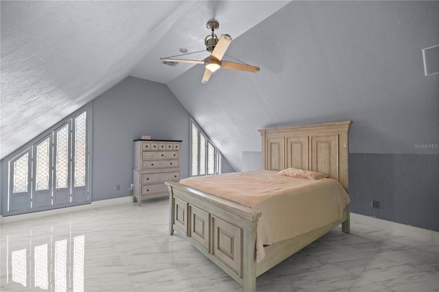 2130 SW 37th Street Rd, Ocala, FL 34471 - bedroom with visible vents, lofted ceiling, marble finish floor, a ceiling fan, and baseboards