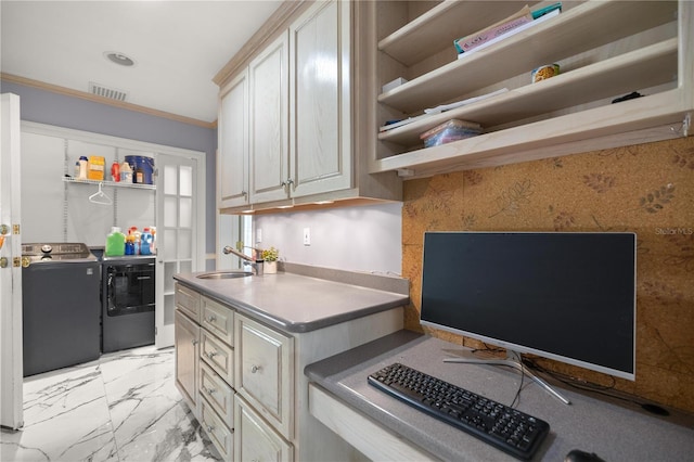 2130 SW 37th Street Rd, Ocala, FL 34471 - kitchen featuring visible vents, open shelves, a sink, marble finish floor, and washer and clothes dryer