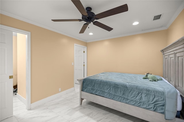 2130 SW 37th Street Rd, Ocala, FL 34471 - bedroom featuring visible vents, marble finish floor, ornamental molding, recessed lighting, and baseboards