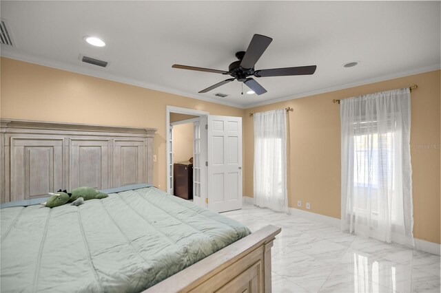 2130 SW 37th Street Rd, Ocala, FL 34471 - bedroom featuring visible vents, baseboards, marble finish floor, and crown molding