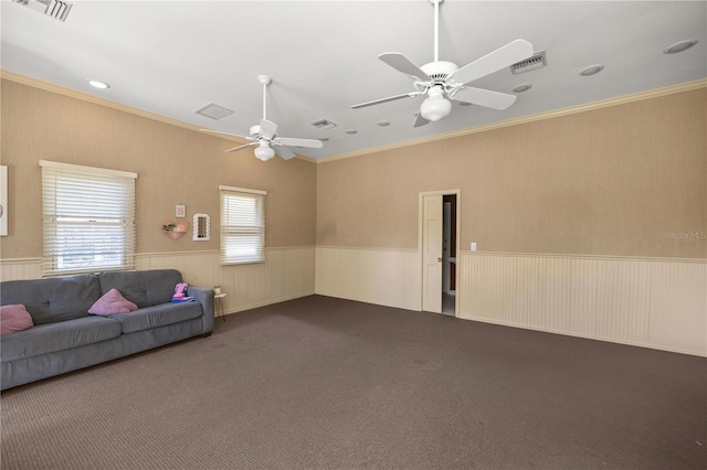 2130 SW 37th Street Rd, Ocala, FL 34471 - unfurnished living room with visible vents, carpet floors, ornamental molding, and wainscoting