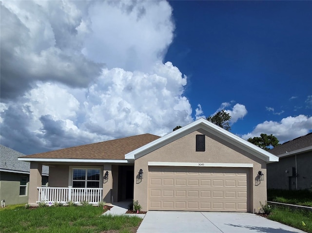 5045 N Triple Eagle Path, Beverly Hills, FL 34465 - ranch-style house with stucco siding, a garage, driveway, a porch, and roof with shingles