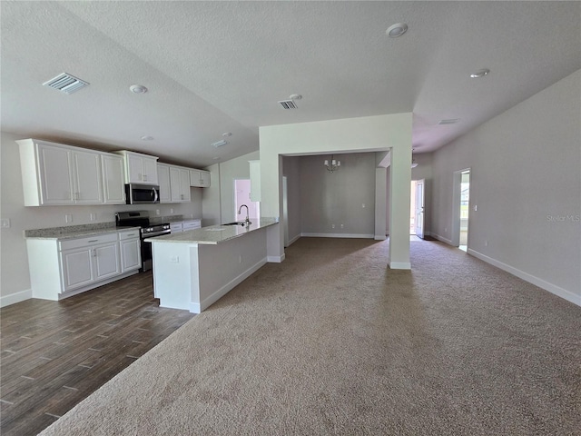 5045 N Triple Eagle Path, Beverly Hills, FL 34465 - kitchen featuring stainless steel appliances, white cabinetry, open floor plan, a textured ceiling, and lofted ceiling