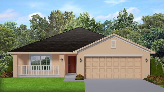 view of front facade featuring driveway, an attached garage, a front yard, stucco siding, and roof with shingles