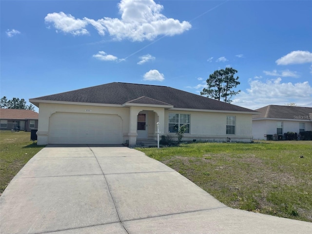 ranch-style home featuring stucco siding, driveway, roof with shingles, a front yard, and a garage