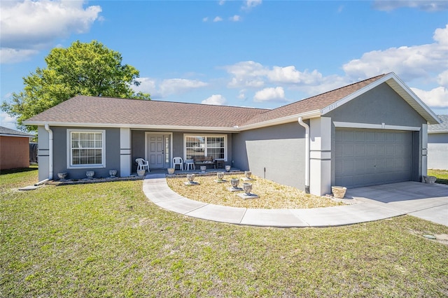 ranch-style home featuring driveway, a porch, a garage, a front yard, and stucco siding