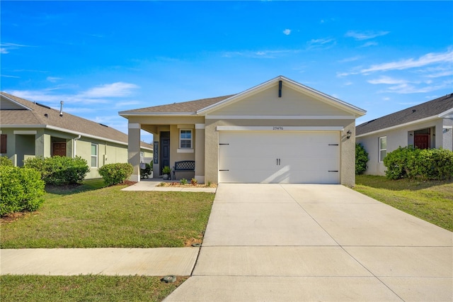 29496 Caspian St, Leesburg, FL 34748 - ranch-style home with a garage, concrete driveway, a front lawn, and stucco siding