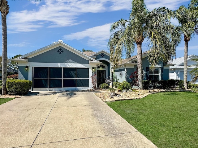 ranch-style house featuring driveway, a front yard, an attached garage, and stucco siding