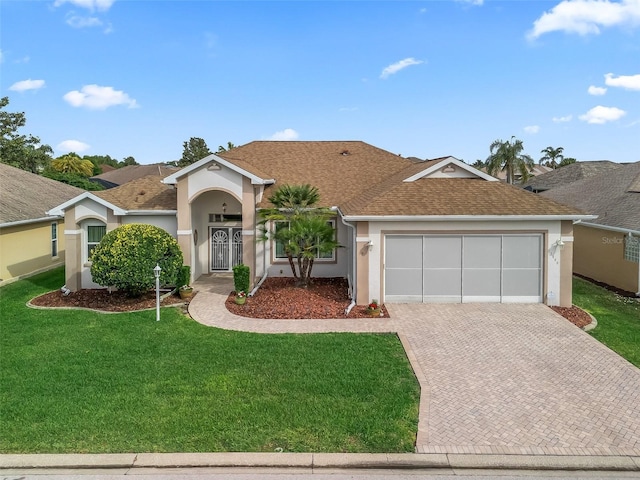 ranch-style home featuring a front yard, roof with shingles, stucco siding, an attached garage, and decorative driveway