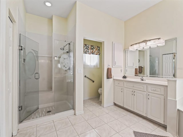 full bath with a shower stall, toilet, tile patterned flooring, and vanity