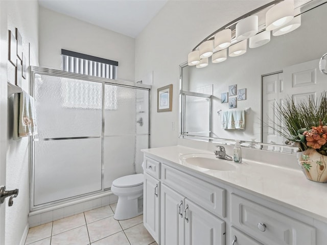 full bath featuring a shower stall, tile patterned floors, toilet, and vanity