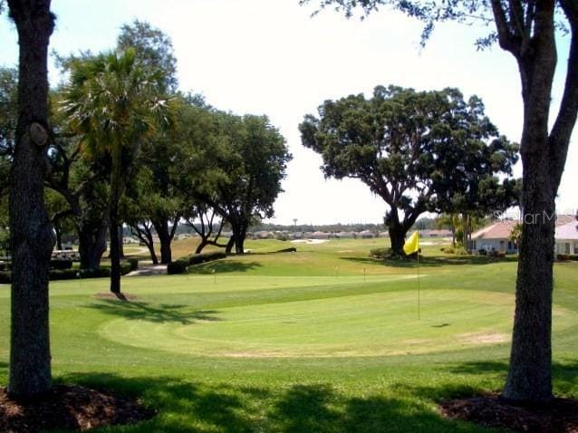 view of community with a lawn and golf course view