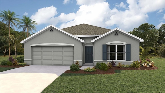ranch-style house featuring driveway, stucco siding, a front yard, and a garage