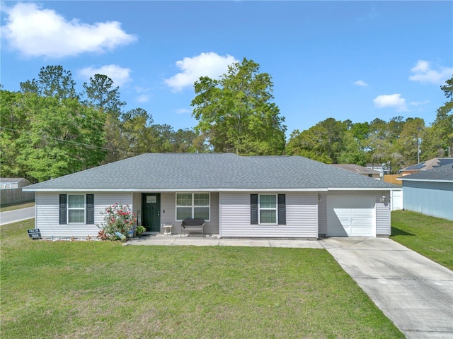 5056 NW 61st Ave, Ocala, FL 34482 - ranch-style home with driveway, a garage, roof with shingles, and a front yard