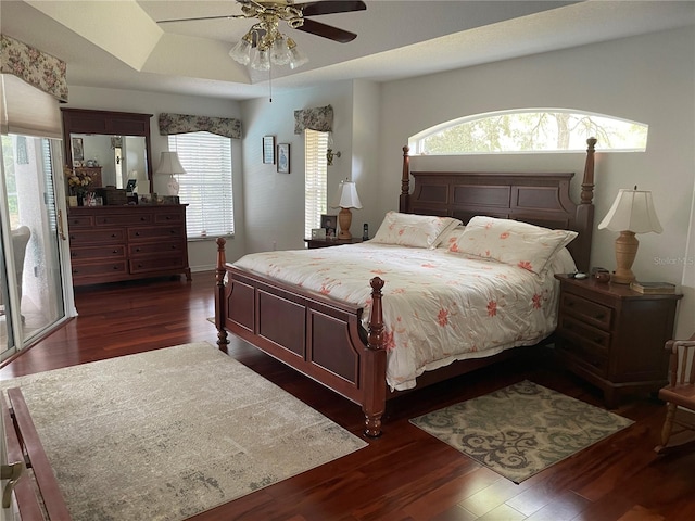 bedroom with a tray ceiling, dark wood finished floors, and a ceiling fan