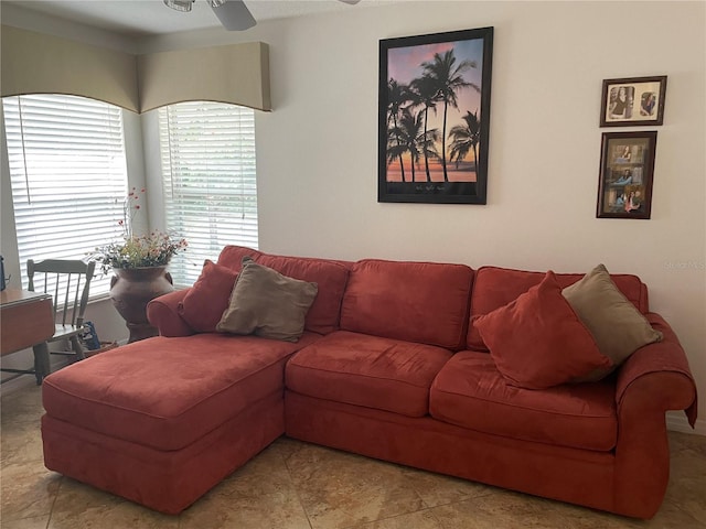 living room with a ceiling fan