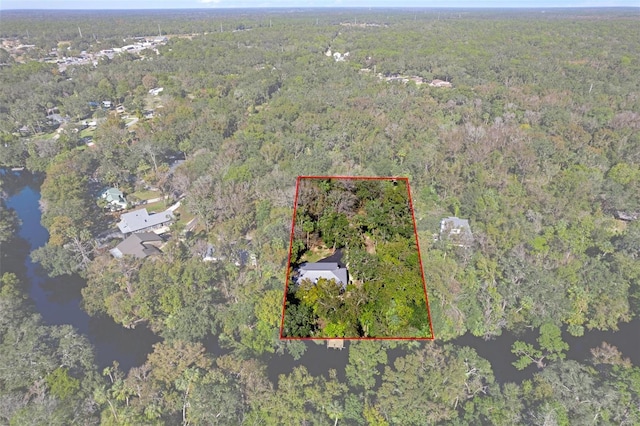 bird's eye view featuring a water view and a wooded view