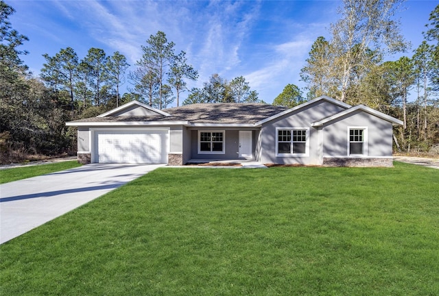 ranch-style home with a front yard, concrete driveway, and an attached garage