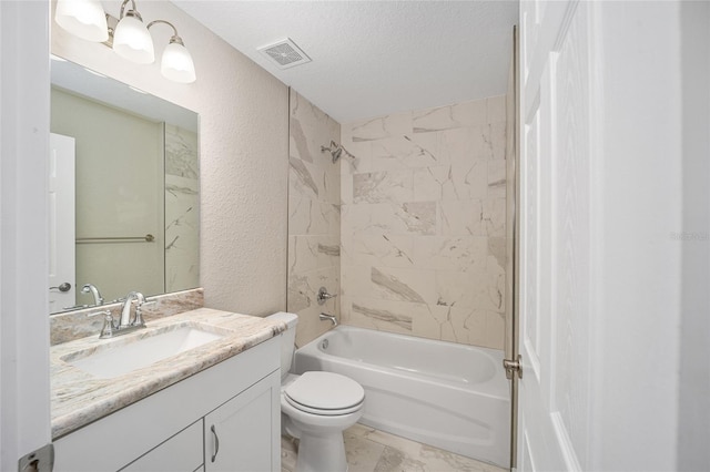 bathroom featuring a textured ceiling, visible vents, toilet,  shower combination, and a textured wall