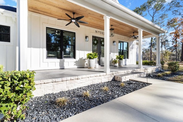 5024 N Tumblewood Dr, Crystal River, FL 34428 - view of patio / terrace with french doors, a ceiling fan, and a porch
